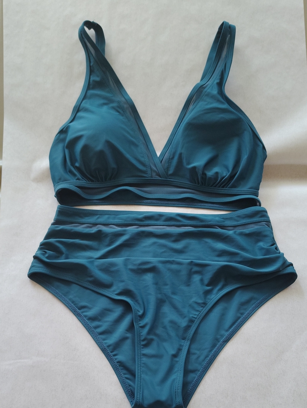 Dark Teal High-Waist Bikini Set With Sheer Details